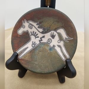 Signed Raku Art Pottery Horse Motif Tribal Art Jeremy Diller Pottery Traditional